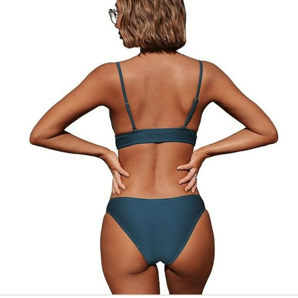 NEW Cupshe Ribbed Triangle 2 Piece Bikini Women Medium Brown Solid Vacation - Picture 2 of 13